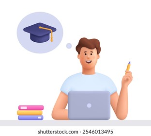 Young smiling man studying at computer, holding pencil and thinking about graduation or diploma. Online education, e-learning concept. 3d vector people character. Cartoon minimal style.