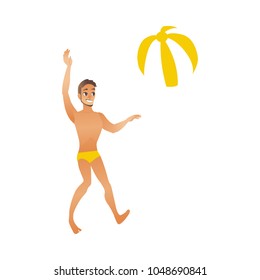 Young smiling man with suntan in swimwear plays two-colored beach ball isolated on white background - element for summer vacation and holiday time banner or card. Cartoon style vector illustration.