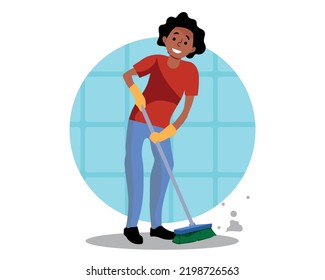 Young smiling man sweeping the floor, home husband working from home vector Illustration.