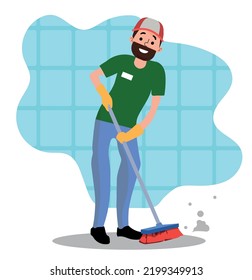 Young smiling man sweeping the floor, home husband working from home vector Illustration.