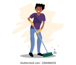 Joven sonriente barre el suelo, esposo de casa trabajando desde el vector de casa Ilustración.