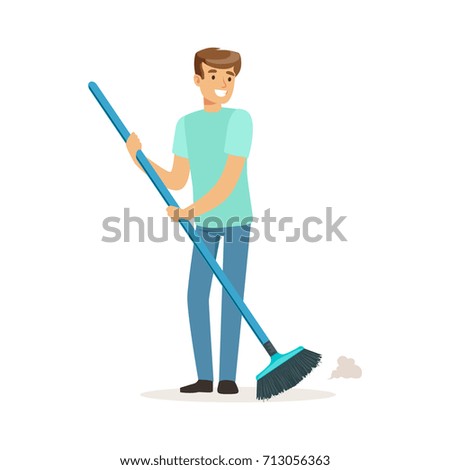 Young smiling man sweeping the floor, house husband working at home vector Illustration