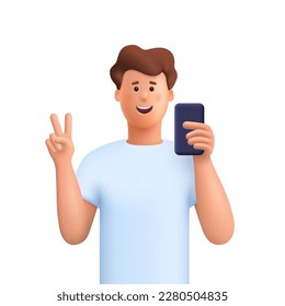 Young smiling man taking selfie with phone and making peace gesture sign. 3d vector people character illustration.Cartoon minimal style. - Shutterstock ID 2280504835