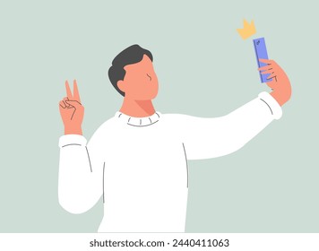 Young smiling man taking selfie with phone and making peace gesture sign. Flat vector people character illustration. Cartoon minimal style. Selfie camera, blogging, smartphone and social networks