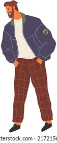 Young smiling man talking isolated on white. Male person dressed in casual clothes walking, standing up with his hands in pockets . Vector illustration of bearded guy in cartoon style flat design