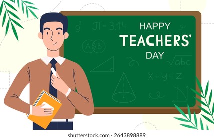 Jovem professor de homem sorridente com giz em suas mãos fica no quadro-negro com a inscrição Feliz Dia do Professor. Ilustração vetorial