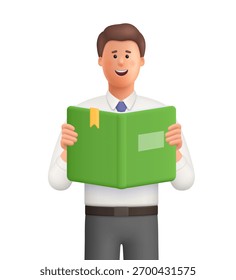 Hombre sonriente joven Ted que sostiene y que lee el libro abierto. Educación, lectura, aprendizaje y concepto de estudio. Personaje de personas de Vector 3D. Estilo minimalista de dibujos animados.