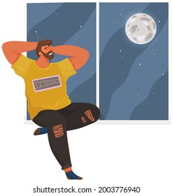 Young smiling man thinking about future and looks out window at moon and dark sky with stars. Guy sitting on windowsill, relaxes and reflects on his dream on white background at home in evening