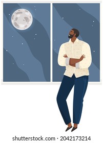 Young smiling man thinking about future and looks out window at moon and dark sky with stars. Guy sitting on windowsill, relaxes and reflects on his dream on white background at home in evening