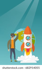 Young smiling man in virtual reality headset flying in open space. Caucasian hipster man wearing futuristic virtual reality glasses and playing video game. Vector cartoon illustration. Vertical layout