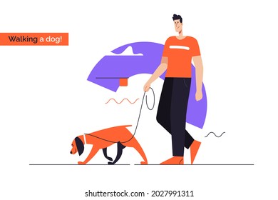 Young smiling man walking a dog on a leash. Flat style outline vector illustration. Editable stroke.