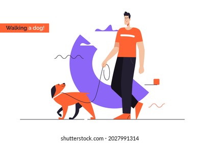 Young smiling man walking a dog on a leash. Flat style outline vector illustration. Editable stroke.