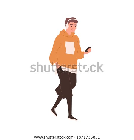 Young smiling man walking and listening to music in headphones. Male character in street style outfit holding smartphone. Flat vector cartoon illustration of stylish guy isolated on white background