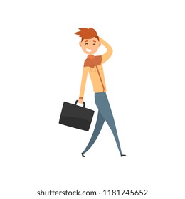 Young smiling man walking with suitcase cartoon vector Illustration on a white background