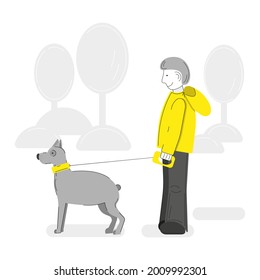 Young smiling man walks the dog on a leash in the park. Vector illustration of dog sitter and walker service.