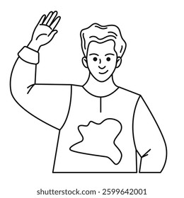 A young smiling man waves his hand. A gesture of greeting. Vector black and white doodle illustration