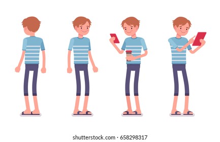Young smiling man wearing blue leisure summer fit, trendy stripe print, beach shoes, standing, holding gadgets. Front and rear view. Vector flat style cartoon illustration, isolated, white background