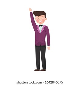 Young Smiling Man Wearing Evening Wear Waving Hand at Red Carpet Event Vector Illustration