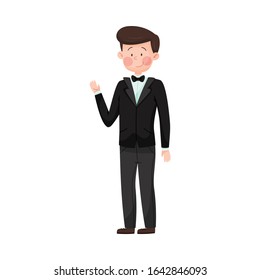 Young Smiling Man Wearing Evening Wear Waving Hand at Red Carpet Event Vector Illustration