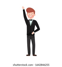 Young Smiling Man Wearing Evening Wear Waving Hand at Red Carpet Event Vector Illustration