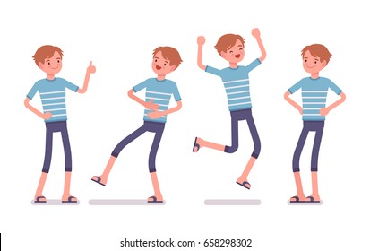 Young smiling man wearing leisure summer fit, trendy stripe print, beach shoes, feeling good, jumping with joy, positive emotions. Vector flat style cartoon illustration, isolated, white background