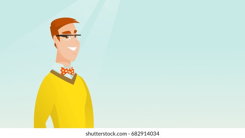 Young smiling man wearing wearable computer with an optical head-mounted display. Caucasian cheerful man wearing smart glasses. Vector cartoon illustration. Horizontal layout.