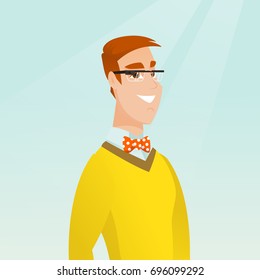 Young smiling man wearing wearable computer with an optical head-mounted display. Caucasian cheerful man wearing smart glasses. Vector cartoon illustration. Square layout.