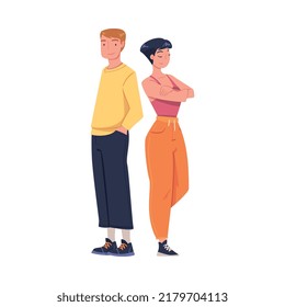 Young Smiling Man and Woman with Folded Arms in Standing Pose Vector Illustration