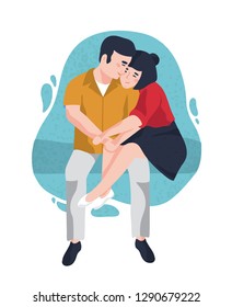 Young smiling man and woman sitting together and cuddling. Cute funny boy and girl hugging. Adorable happy couple in love. Cartoon characters on blue stain on background. Flat vector illustration.