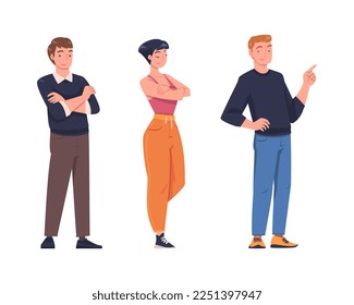 Young Smiling Man and Woman in Standing Pose with Satisfied Face Expression Vector Set