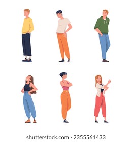 Young Smiling Man and Woman in Standing Pose Vector Illustration Set