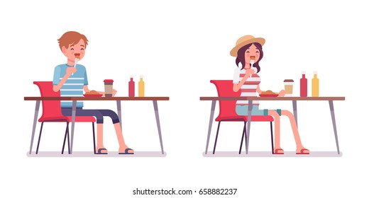 Young smiling man and woman wearing leisure summer fit, trendy stripe print, beach shoes, sitting and eating at the table. Vector flat style cartoon illustration, isolated, white background