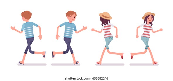 Young smiling man and woman wearing blue leisure summer fit, trendy stripe print, beach shoes, running pose. Front and rear view. Vector flat style cartoon illustration, isolated, white background