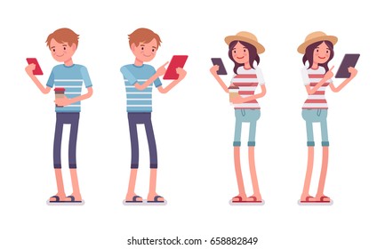 Young smiling man and woman wearing leisure summer fit, trendy stripe print, beach shoes, standing, holding gadgets. Vector flat style cartoon illustration, isolated, white background - Powered by Shutterstock - Get 15% off with code: PIKWIZARD15