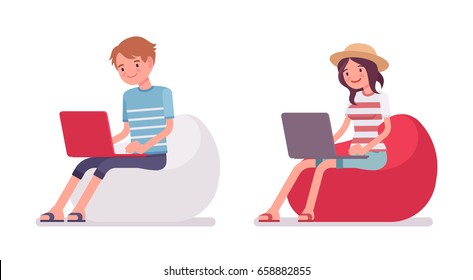 Young smiling man and woman wearing leisure summer fit, trendy stripe print, beach shoes, sitting, working with laptop on bean bag. Vector flat style cartoon illustration, isolated, white background