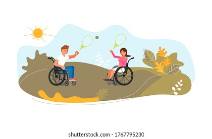 Young smiling man and woman in wheelchairs are playing tennis on meadow. Cute funny handicapped have summer activity. Flat Art Vector Illustration