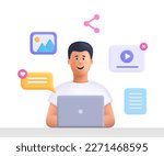 Young smiling man working on laptop computer. Content filling, content management and social media concept. 3d vector people character illustration. Cartoon minimal style.