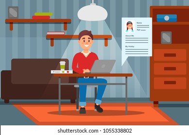 Young smiling man working on laptop computer in his home, room interior vector ilustration