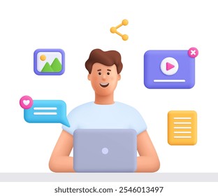 Young smiling man working on laptop computer. Content filling, content management and social media concept. 3d vector people character. Cartoon minimal style.