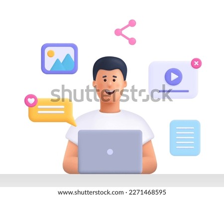 Young smiling man working on laptop computer. Content filling, content management and social media concept. 3d vector people character illustration. Cartoon minimal style.