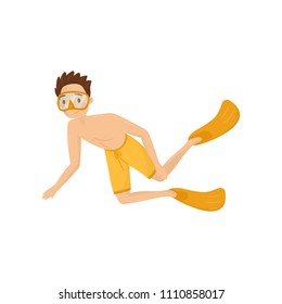 Young smiling man in yellow shorts swimming underwater. Guy in diving mask and flippers. Snorkeling theme. Flat vector design