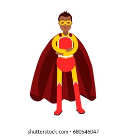 Young smiling masked man in a red superhero costume standing with folded arms vector Illustration