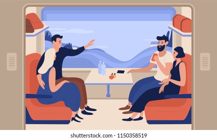 Young Smiling Men And Women Travelling By Train. Cheerful People Sitting In Passenger Car And Talking To Each Other. Happy Railway Journey. Colorful Vector Illustration In Flat Cartoon Style