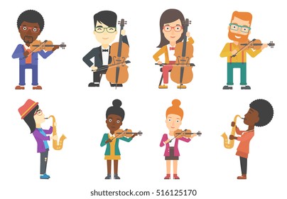 Young smiling musician playing violin. Musician performing with violin. Cheerful violinist playing classical music on violin. Set of vector flat design illustrations isolated on white background.