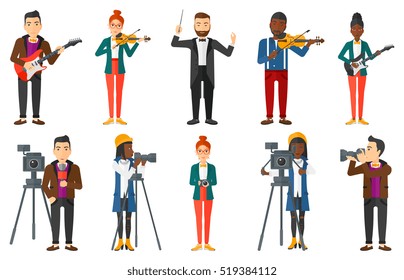 Young smiling musician playing violin. Musician performing with violin. Cheerful violinist playing classical music on violin. Set of vector flat design illustrations isolated on white background.
