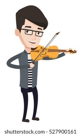 Young smiling musician playing violin. Cheerful violinist playing classical music on violin. Caucasian musician standing with violin. Vector flat design illustration isolated on white background.