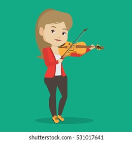 Young smiling musician playing violin. Cheerful violinist playing classical music on violin. Caucasian female musician standing with violin. Vector flat design illustration. Square layout.
