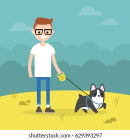 Young smiling nerd walking the dog / flat editable vector illustration