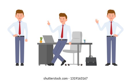 Young smiling office manager waving hello, victory sign, standing. Cartoon character design of successful worker, confident, carefree, cheerful concept