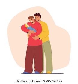 Young smiling parents hugging together holding newborn baby feeling love and tenderness cartoon scene. Married family couple enjoying childbirth and parenting new life beginning vector illustration